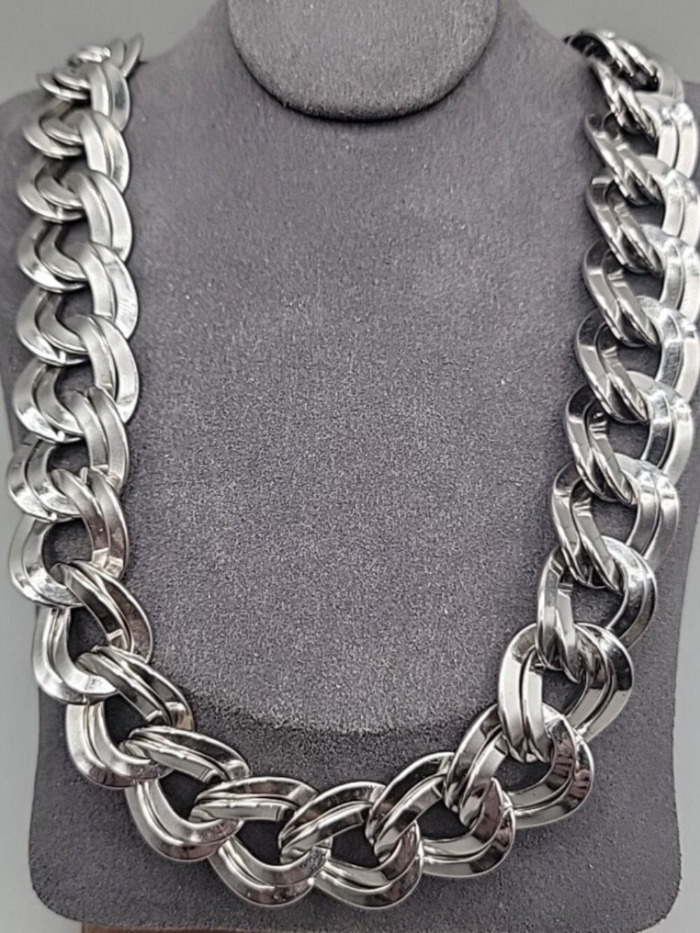 Signed Monet Double Link Curb Chain Necklace Silver Tone 19.5”-21” .77" Thick
